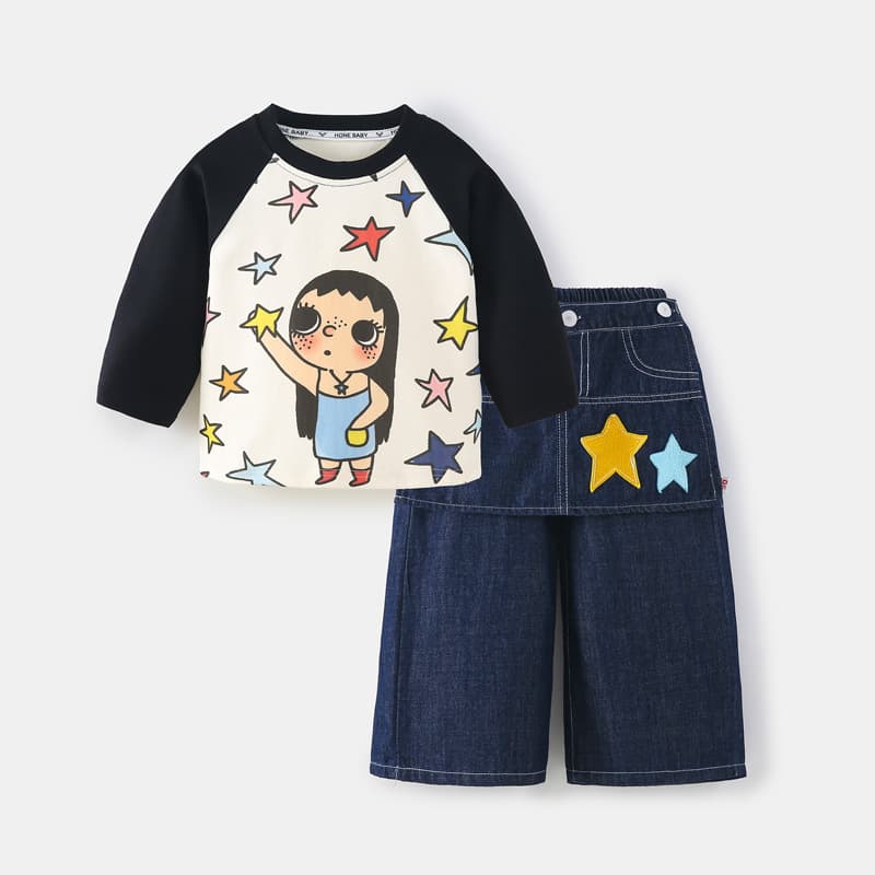 New Spring Girls' Cartoon Long-Sleeve T-Shirt, Baby Autumn Casual Denim Set