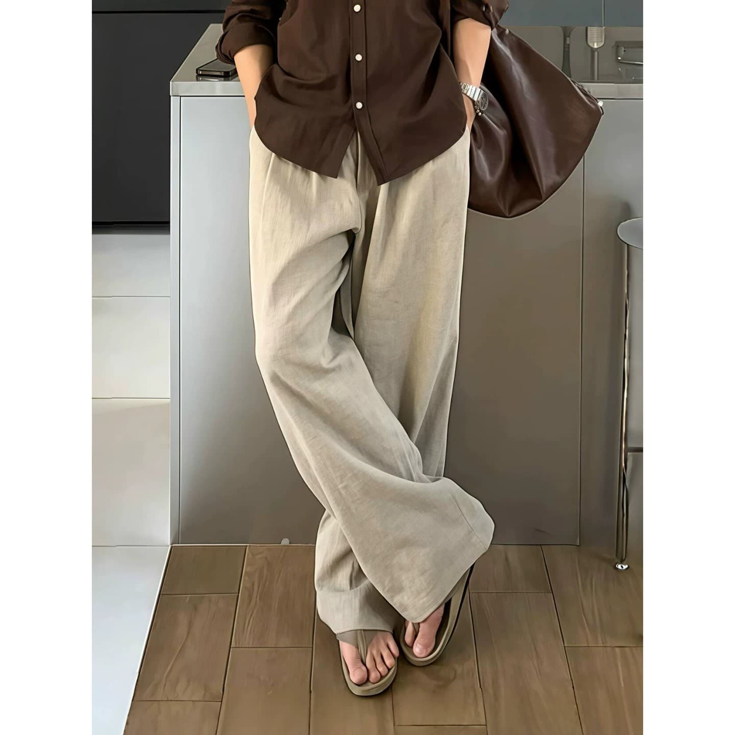 Beige Linen Trousers for Men Summer Lightweight Breathable Old Money Style Wide Leg Pants Korean Casual Lazy Fit Droopy Trousers