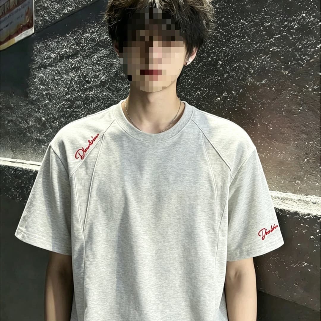 American high street deconstructed shoulder T-shirt for boys, boyish style, short-sleeved, heavy sportswear