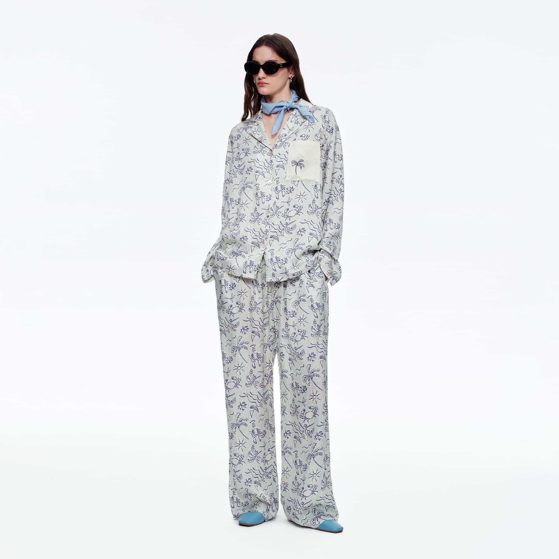 Russian Pajamas Women's Embroidery Spring/Autumn Cool-Touch Printed PJs Fashion Long Pants Set Long Sleeve Loungewear