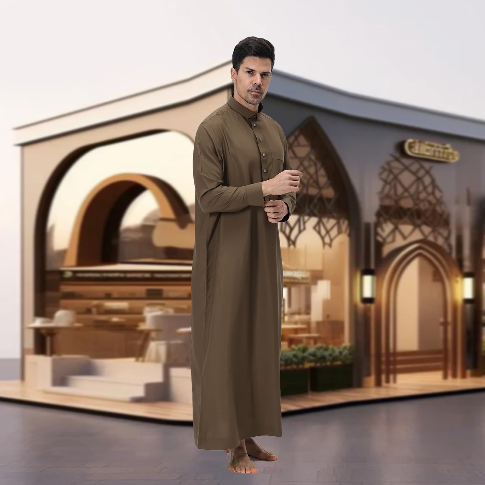 SP0016 Casual Commute Men's Stand Collar Long Robe, Loose Long Sleeve, Breathable and Skin-Friendly with Pockets, Long Relaxed Robe