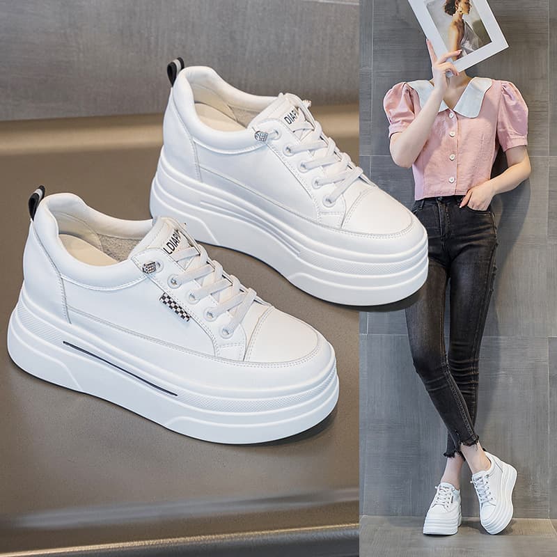 Women's shoes for small people 2026 new thick sole inner heightening casual white shoes wedge heel low top soft belt versatile shoes