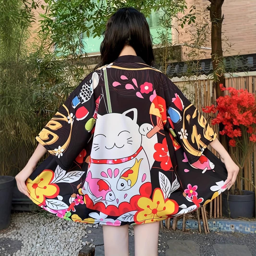 Cute and festive bright red cartoon lucky cat shawl coat, thin modified Japanese kimono cape shirt