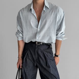 Linen Striped Long Sleeve Shirt for Men Spring Summer Korean Light Mature Casual Wrinkle-Free Light Blue Thin