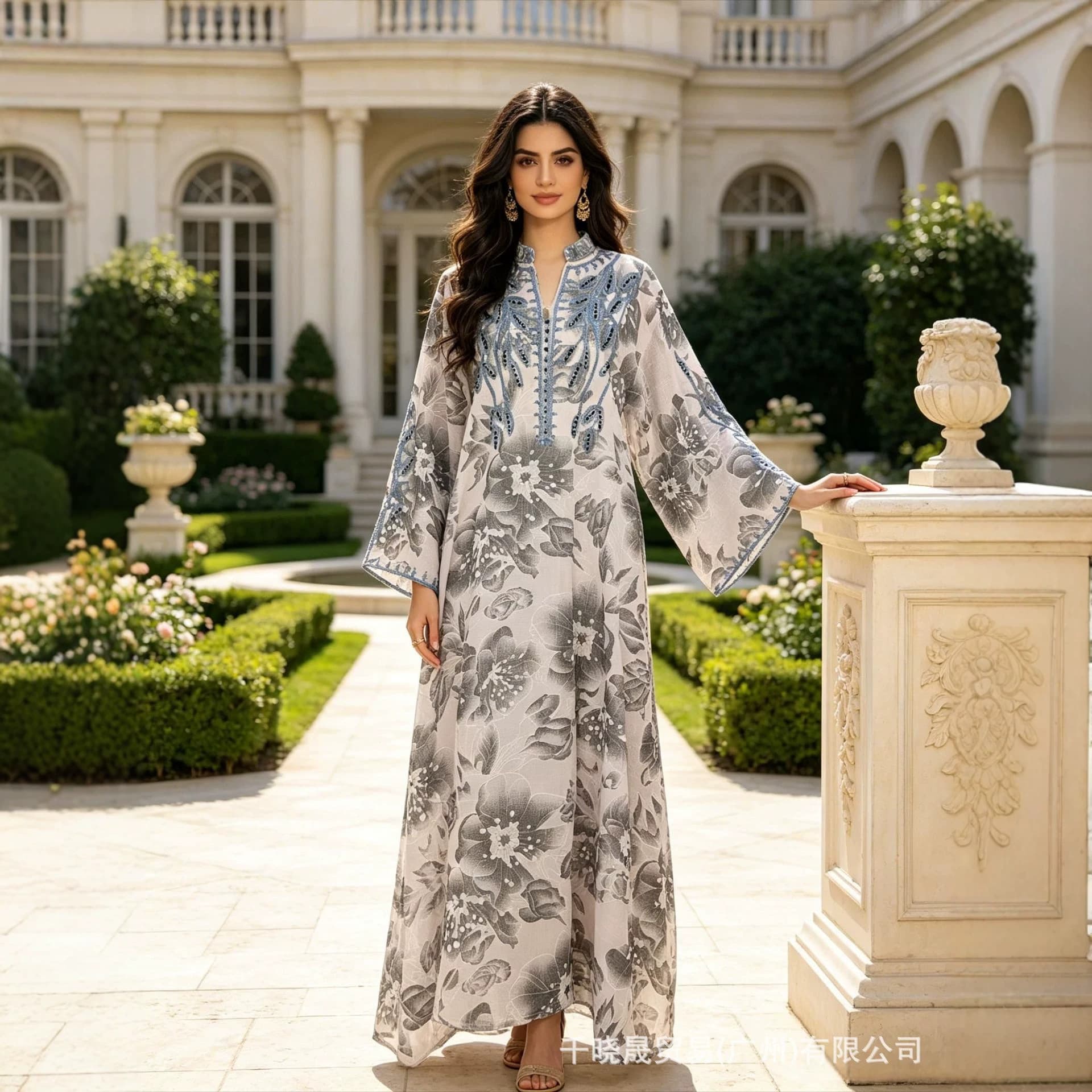 Heavy Floral Print Long Dress: Embroidered Flared Sleeve, Stand Collar, V-Neck, Flowing Elegant Maxi Dress