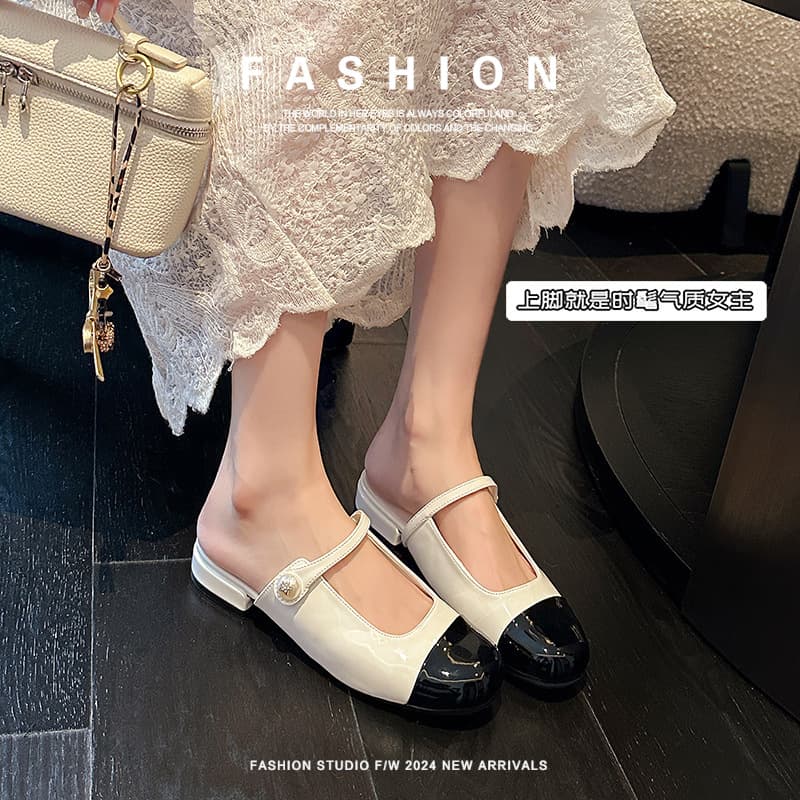 Sheepskin Women's Summer Flat Half-Slipper with Pearl Strap, New Versatile Shallow Mary Jane Style, Square and Round Color-Blocking, Soft for Summer Wear