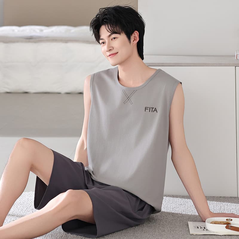 Men's Summer Vest and Shorts Set, Pure Cotton Thin Sleeveless Sleepwear, Wearable Outdoors, Sporty Home Suit