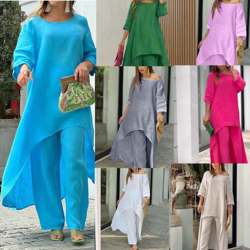 2023 European and American New Women's Cotton Linen Fashion Casual Plus Size Irregular Long Sleeve Set with Wide Leg Pants Two-Piece Set