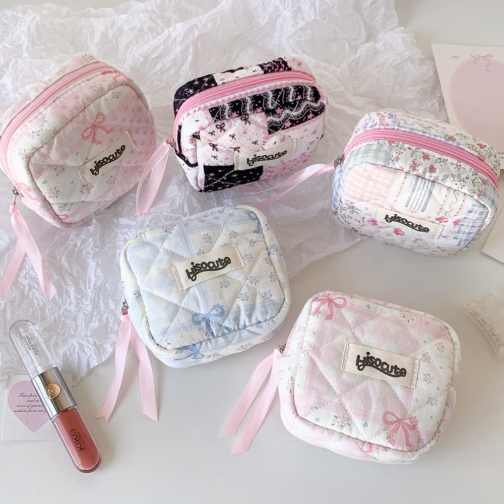 Ins style quilted small square bag large capacity bow cosmetic bag portable outgoing coin purse sanitary napkin storage bag
