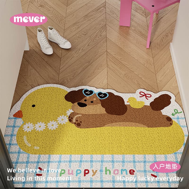 Korean-style Instagrammable cute puppy doormat, scraper/frame type, anti-slip, customizable for entryway, hallway, or doorway.