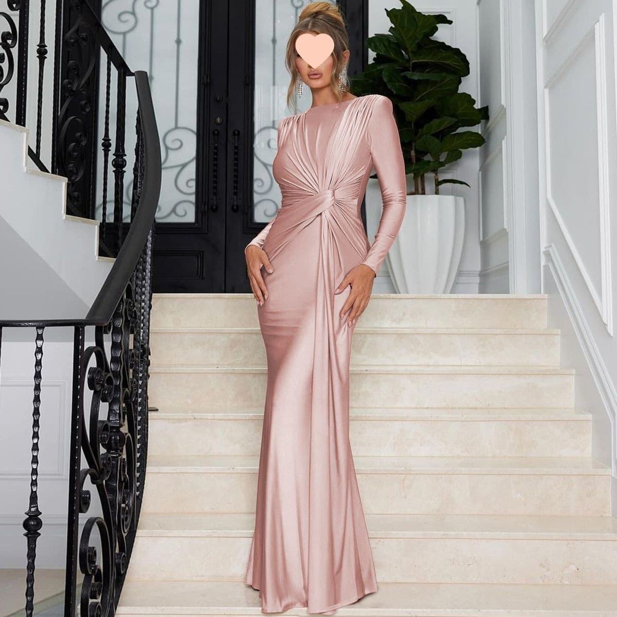 2025 New European and American Design Slim Fit Solid Color Elegant Long Sleeve Round Neck Shoulder Pad Maxi Dress