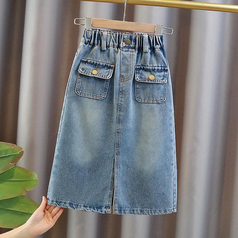 Girls Denim Skirt Summer 2024 New Fashionable Stylish Half Skirt Casual Korean Style Medium and Large Children Versatile Long Skirt