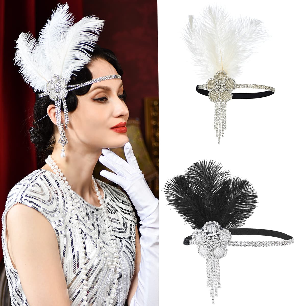 1920s Party Dance Costume Set Accessories Women's Feather Headband Chain Tassel Hairpiece Vintage Headwear in Stock