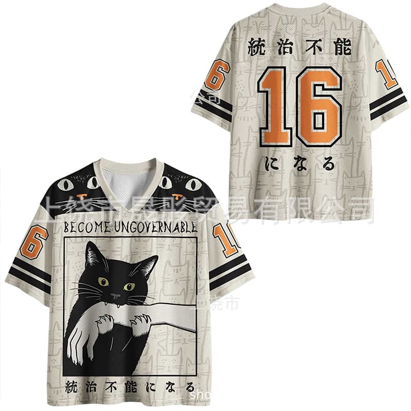2026 Japanese Style Sakura Cat 3D Print Short Sleeve American Vintage Loose Jersey Couple Trendy T-Shirt