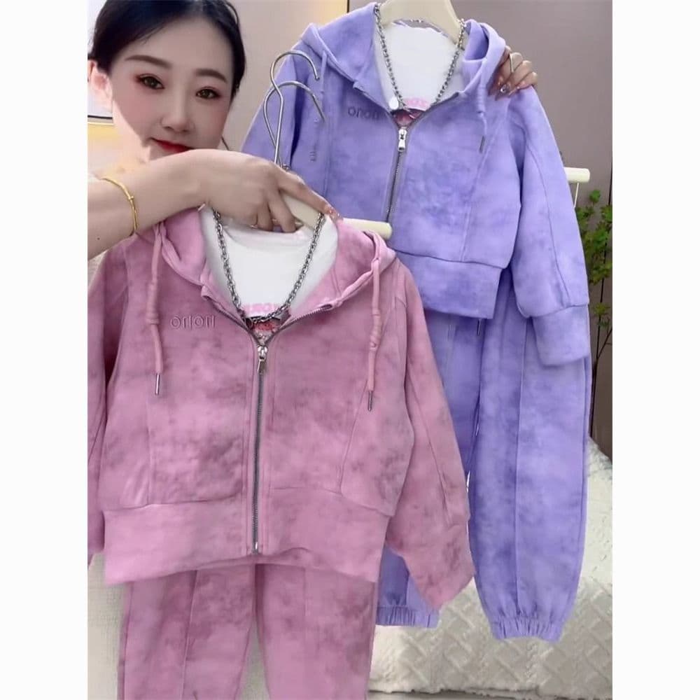 Korean Style Autumn/Winter New Girls' Tie-Dye Design Hooded Zip-Up Jacket Casual Sporty Two-Piece Set