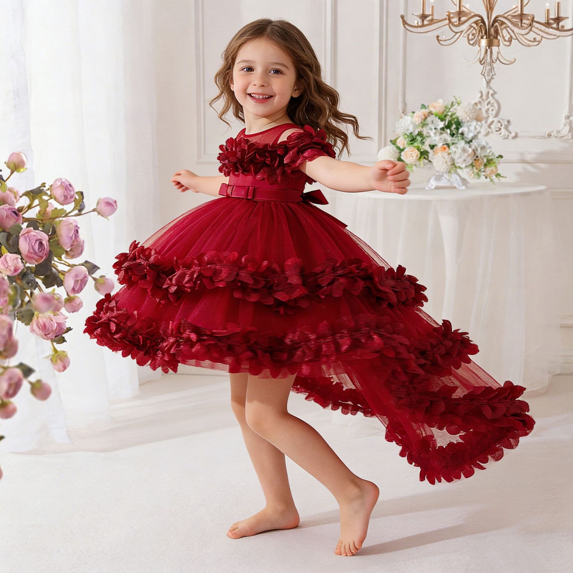 2026 Girls Flower Layered Cake Dress Birthday Tulle Princess Dress Tiered Dress Fairy Lace Dress Gown