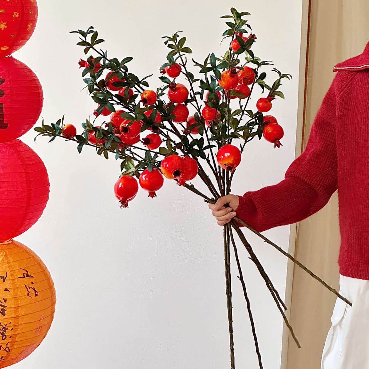 Artificial Pomegranate Fruit Branch Bouquet for Living Room Decoration, Entrance Flower Arrangement Ornament, Dining Table Fake Flower