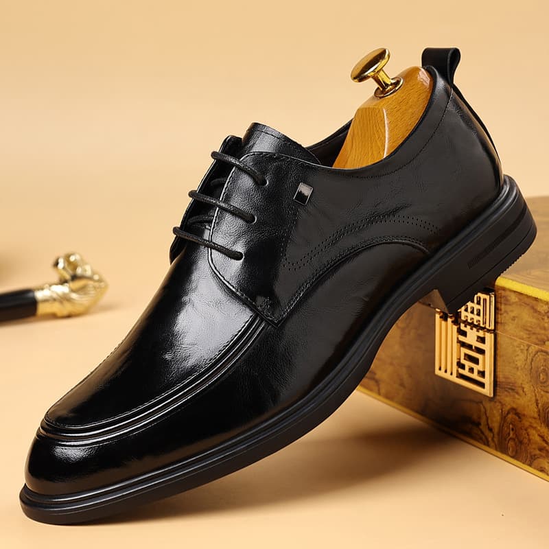 New men's business casual leather shoes, lace-up, pointed toe, genuine leather, soft sole, breathable single shoes.