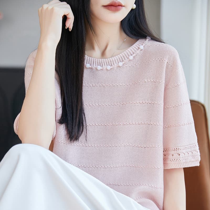 New Summer Round Neck Seamless T-Shirt Women's Top Hollow Crochet Short Sleeve Knit Sweater Women's Base Layer Vest