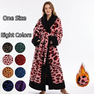 Autumn/Winter Women's Vintage Multi-Color Leopard Print Flannel Long Bathrobe with Black Contrast Notched Collar