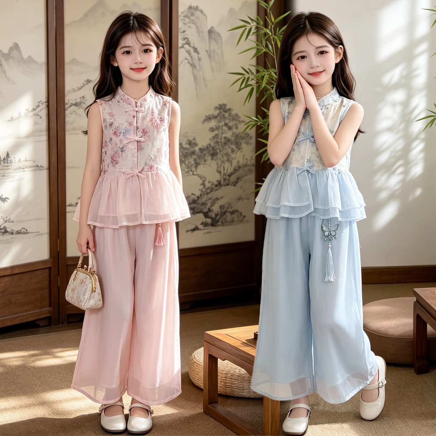 New Chinese-Style Girls' Summer Hanfu New Arrival Light and Fresh Medium to Large Kids Sleeveless Top Wide-Leg Pants Ancient Tang Suit Set