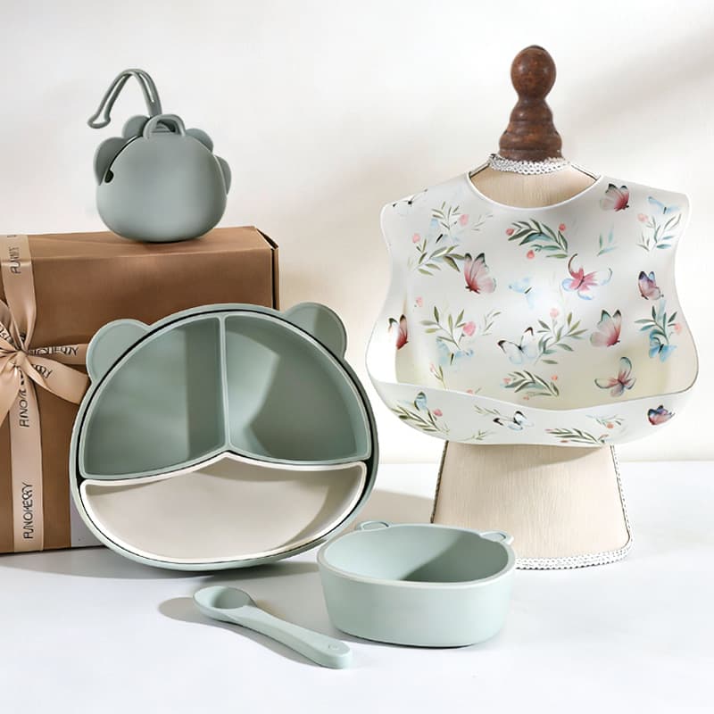 Nordic Style Food-Grade Silicone Bib, Plate, and Feeding Bowl Set, Dishwasher-Safe, Drop-Proof, New Mom Parenting Essential