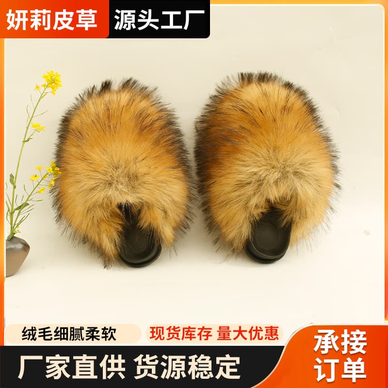 Spring/summer flat furry one-strap slippers comfortable soft sole anti-skill mink real fur external wear sandals for women trendy