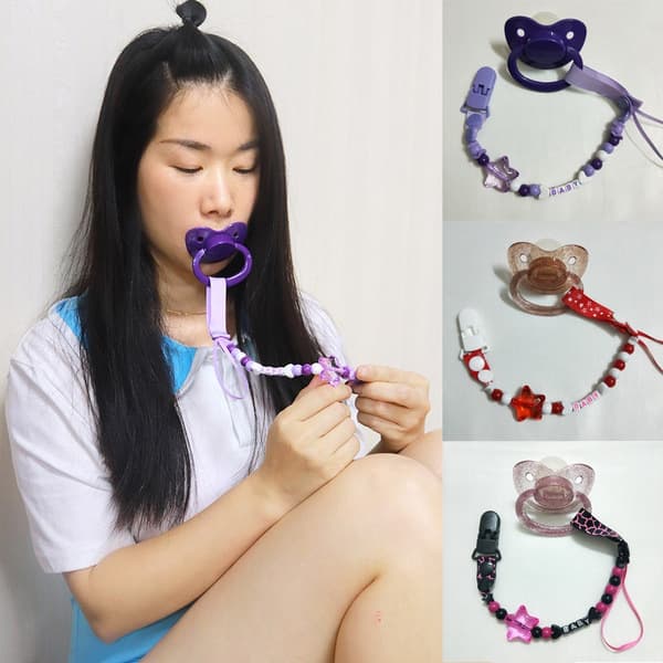Large ABDL Pacifier Clip Set with Adult Pacifier 2-Piece Set, Beaded Anti-Drop Chain Cute Style, Baby Loves Pacifier