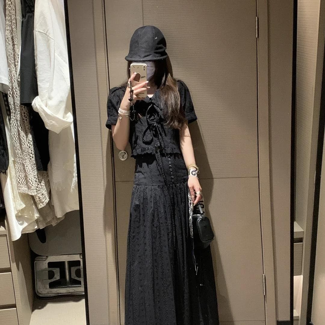 Lace Embroidery Puff Sleeve Peter Pan Collar Blouse French Style Youthful Top and Skirt Two-Piece Set