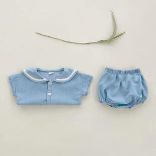 Korean Ins Children's Infant Toddler Collar Two-Piece Set Summer Denim Soft Baby Doll Collar Toddler Romper Set Other