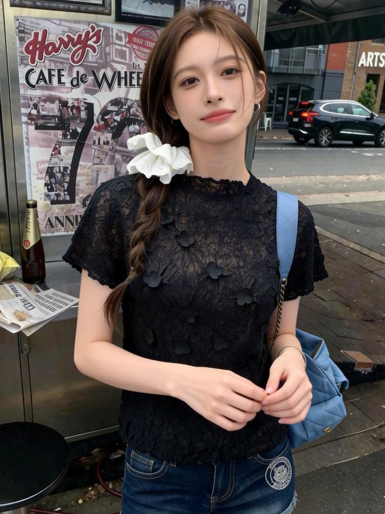 Miyake-style women's summer new design embossed pleated short-sleeved turtleneck T-shirt, versatile solid color, simple.