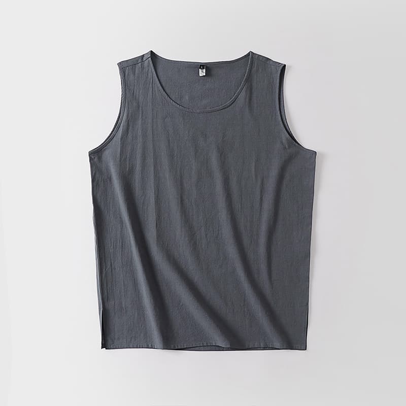 Cotton and linen sleeveless vest, large size undershirt for men, Chinese style, loose, thin, round neck T-shirt, waistcoat, Chinese style linen short sleeves