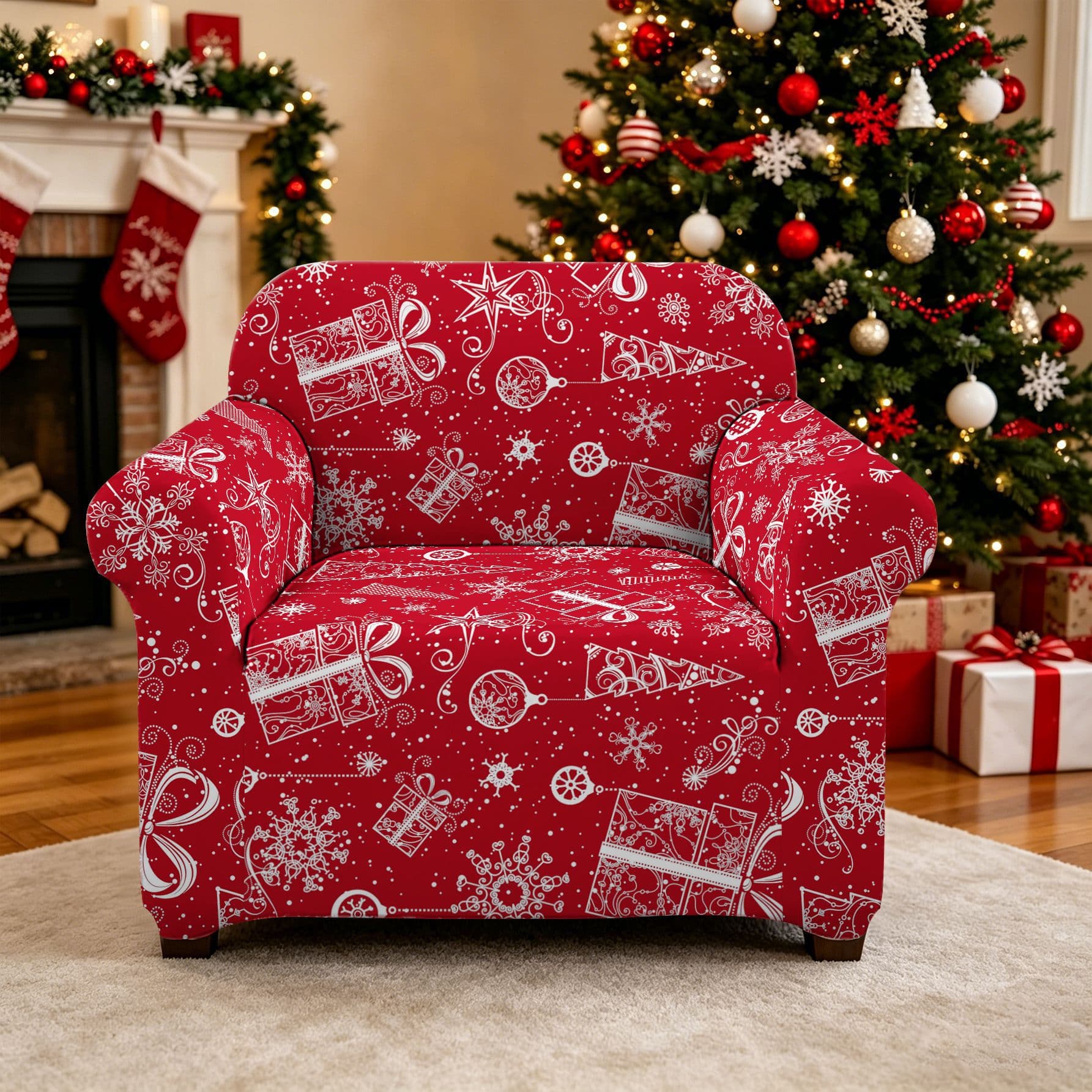Christmas Style 5-Piece Integrated Sofa Cover Elastic Printed Sofa Cushion Full Coverage Four Seasons Dust-Proof Wear-Resistant Cover Set