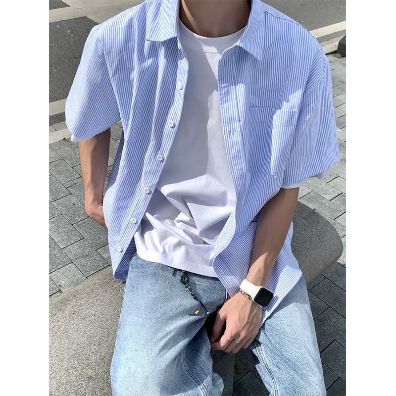 Short Sleeve Striped Shirt Versatile Loose Fit Lapel Collar Unisex Shirt Trendy Teenagers Shirt 15-18 Years Old Handsome