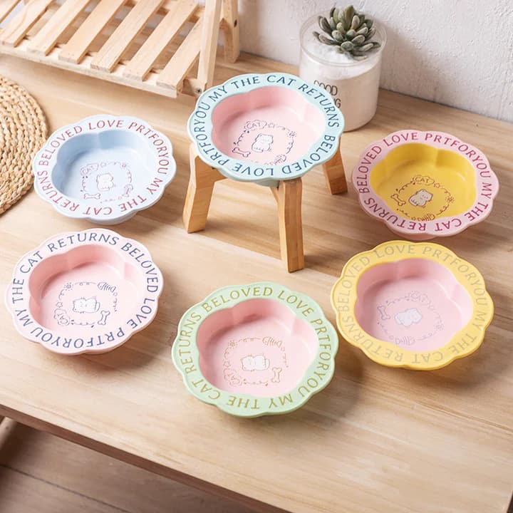 Instagram-worthy cartoon cat ceramic bowl, neck support and anti-black chin pet bowl, high-value cat food bowl, wholesale pet supplies.