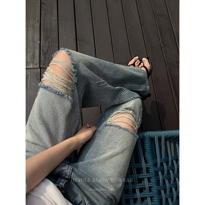 Hei Dou Heng Heng Baggy Jeans * Retro Distressed Ripped Jeans Low Waist Loose Slim Wide-Leg Pants Long Pants