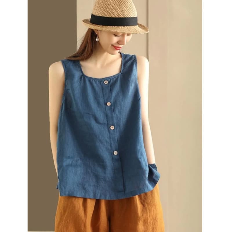 Cotton and Linen Sleeveless T-Shirt, Simple Button-Decorated Vest for Summer, Versatile Loose Vest, Pullover Top