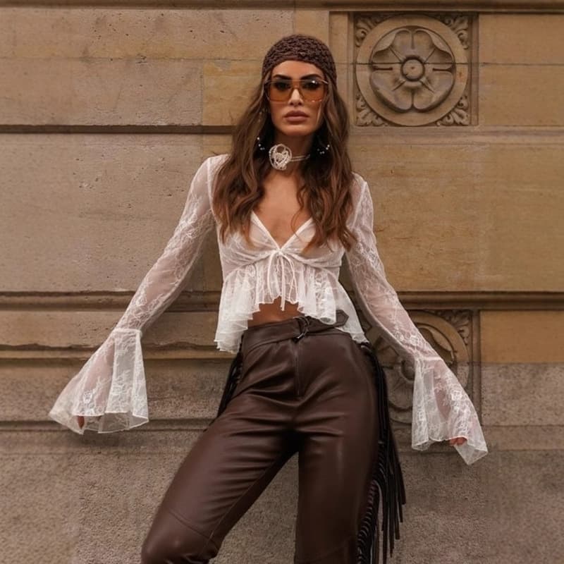Bohemian irregular ruffled blouse top mature style petal sleeve short lace-up midriff-baring long-sleeved coat