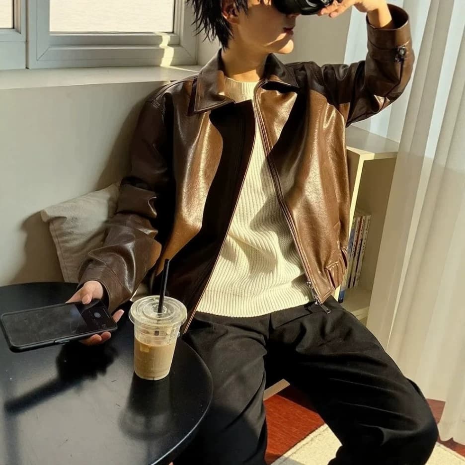 Brown leather jacket men's handsome high-end spring and autumn American retro cleanfit short lapel motorcycle jacket