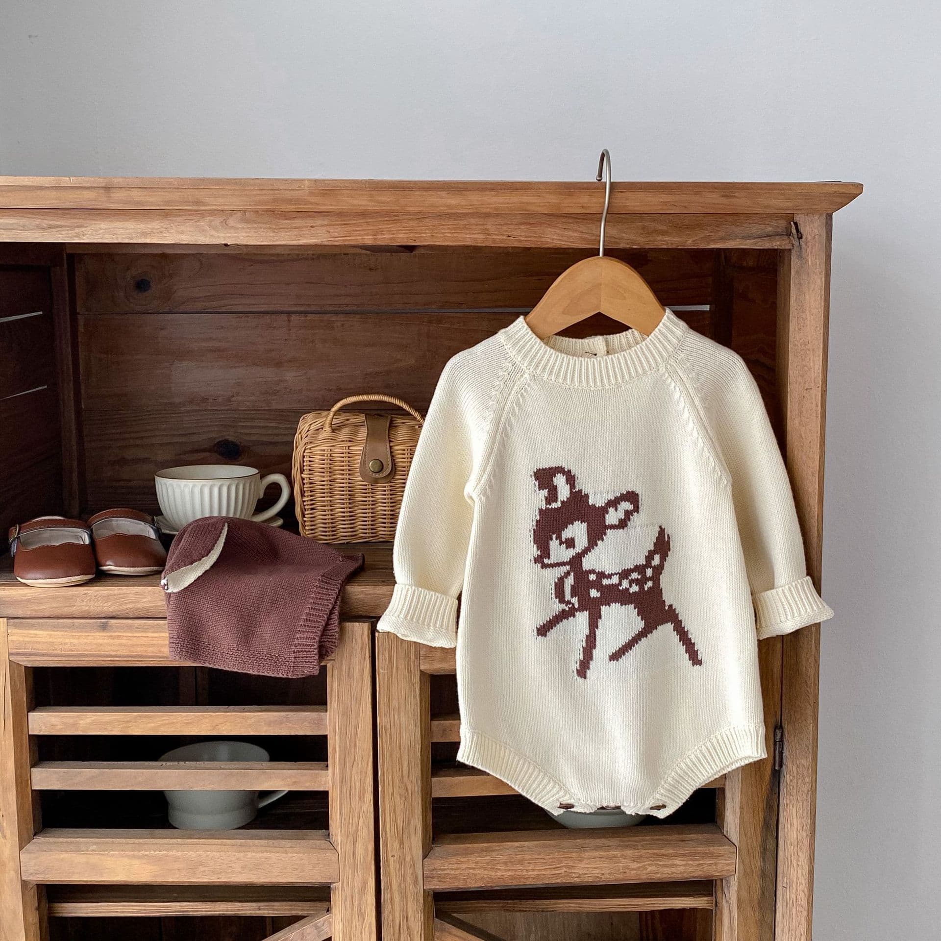 2025 Fall New Knitted Long-Sleeve Fawn Sweater Infant Romper Fashion Korean-Style Hat