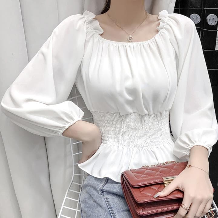 Spring Autumn Korean New Waist-Tied Versatile Pleated Babydoll Top, Elegant Square Neck Long Sleeve Short Chiffon Women's Hong Kong Style Blouse