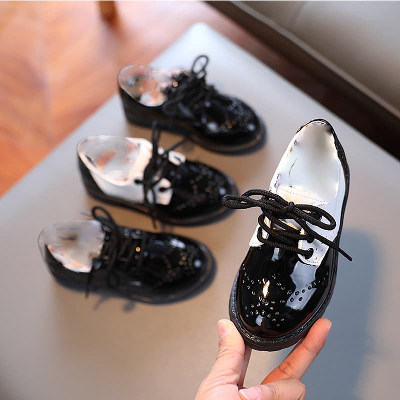 Children's Leather Shoes Black Little Boys British Style Shiny Leather Shoes Children's Single Shoes Slip-On Toddler to Youth Leather Shoes