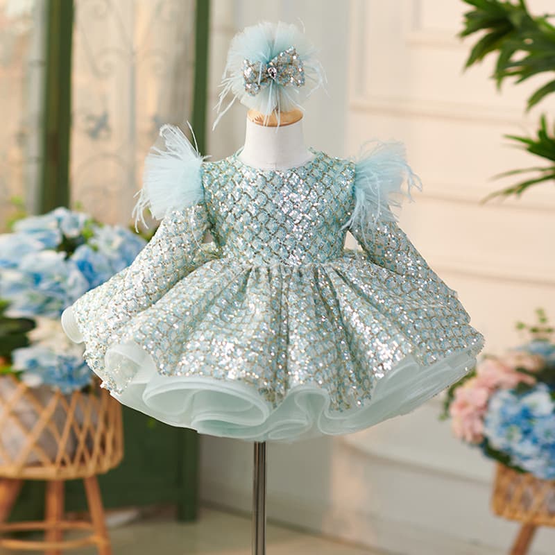 Girl's Birthday Party Dress 2026 Spring Children's Sequined Runway Performance Long Sleeve Party Dress