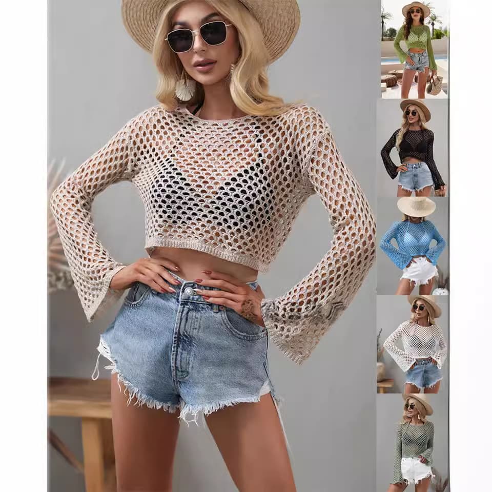 2025 Spring/Summer European and American Style Knitted Sweater with Flared Sleeves, Loose Fit, Round Neck, Hollow-Out Design for Women