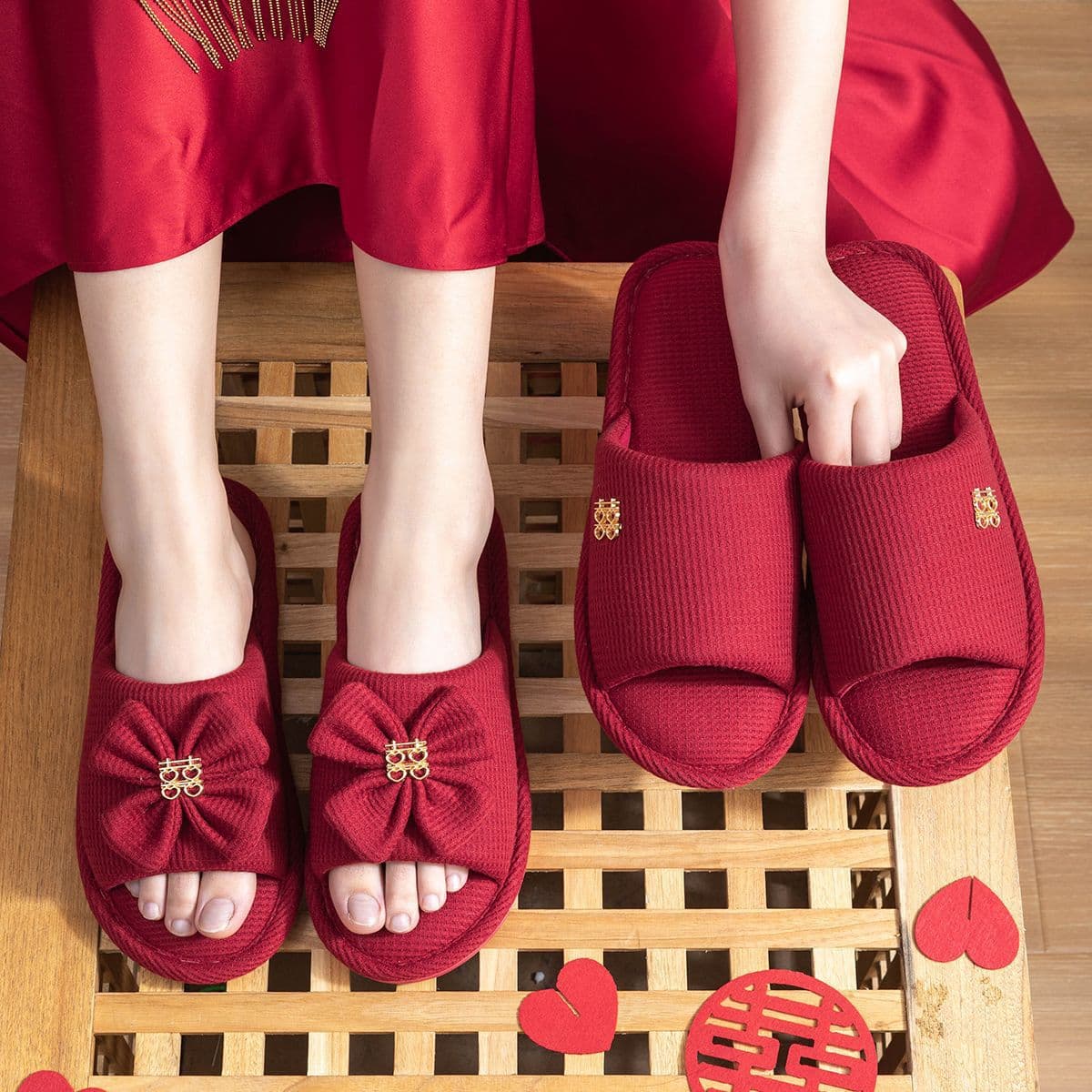 Lidani wedding slippers, festive red for men and women couples, spring-autumn style lightweight luxury new marriage red slippers.