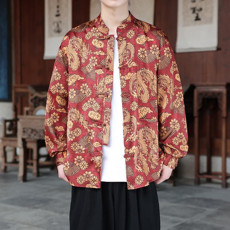 New Chinese Style Tang Suit Men's Retro Chinese Pattern Print Shirt Long Sleeve Frog Button Stand Collar Zhongshan Suit Spring Autumn Plus Size Shirt