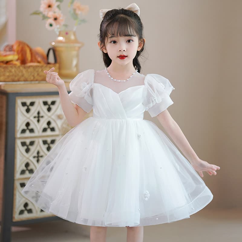 Girls' new style white dress princess skirt children's summer fluffy gauze skirt flower girl children's clothing performance costumes