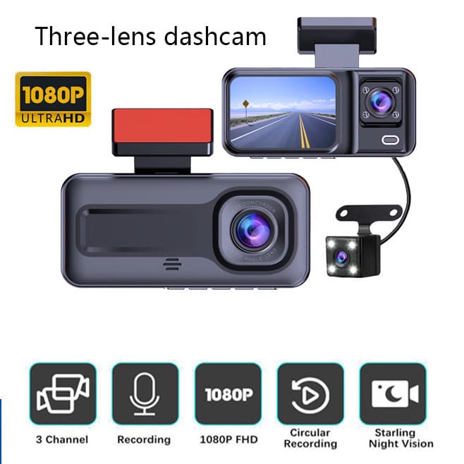 Car 3-Channel Dashboard Camera Streaming Black Box 1080P Recorder Loop Recording Reverse Image