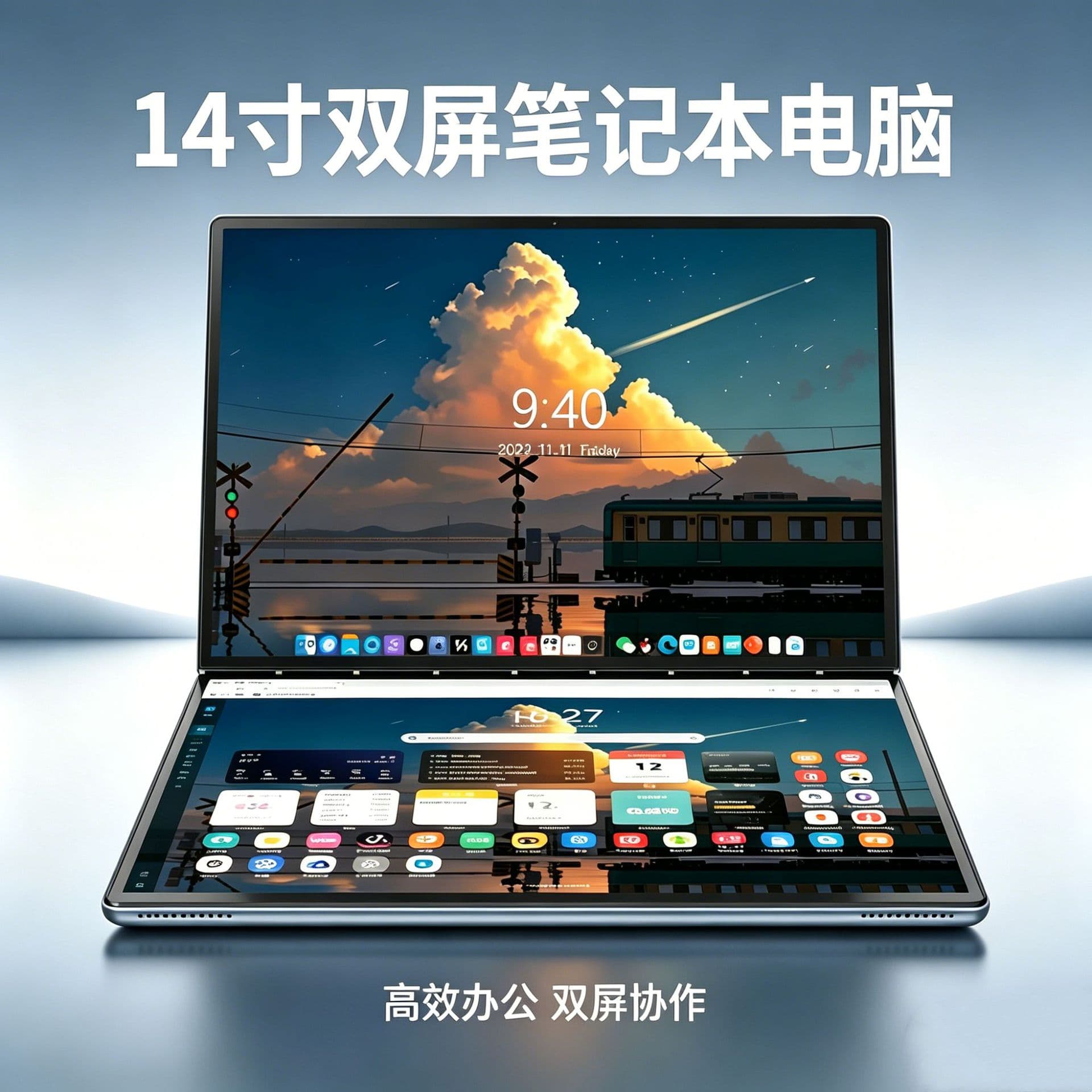 New 14+14 inch N150 Dual Screen Laptop Tablet 2-in-1 Lightweight Portable Office Study Design Notebook