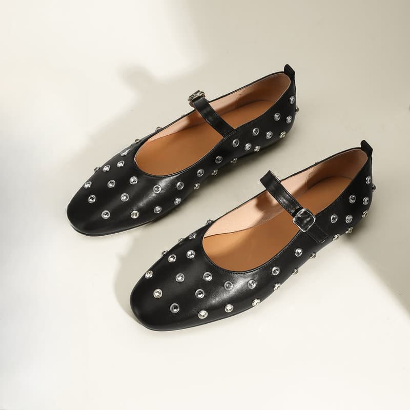2024 Summer New Arrival Rivet Water Diamond Mary Jane Shoes Flat Shoes with Buckle Strap Women's Ballet Shoes Leather Shoes